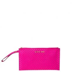 Michael Kors Hot Pink Perforated Leather Jet Set Wristlet Pouch For Women