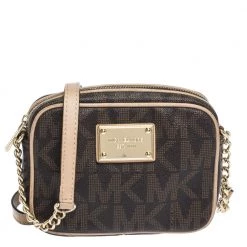 Michael Kors Dark Brown/Beige Signature Coated Canvas And Leather Mini Camera Crossbody Bag For Women