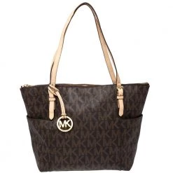 MICHAEL Michael Kors Brown Signature Coated Canvas And Leather Jet Set East West Tote For Women