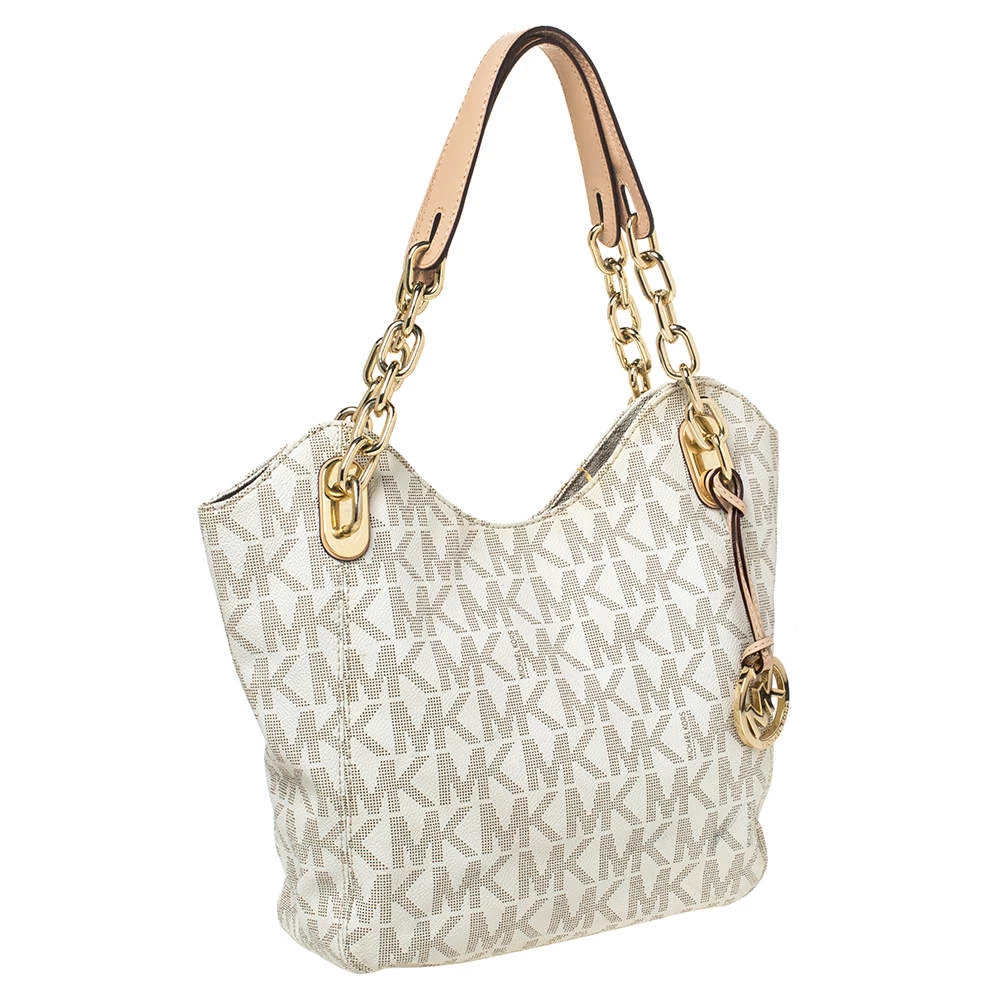 MICHAEL Michael Kors Cream Coated Canvas And Leather Jet Set Travel Chain Shoulder Bag For Women - Image 3