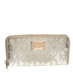 Michael Kors Metallic Gold Mirror Signature PVC Zip Around Wallet For Women