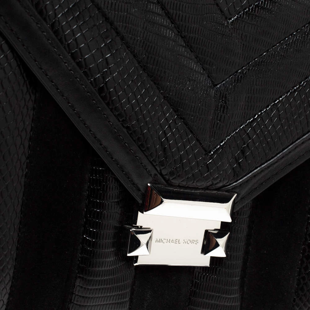 Michael Kors Black Python Embossed Leather And Suede Pushlock Flap Bag For Women - Image 5