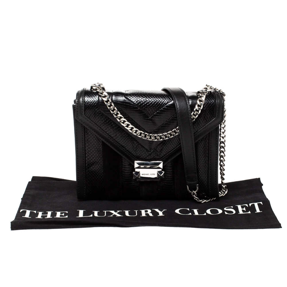 Michael Kors Black Python Embossed Leather And Suede Pushlock Flap Bag For Women - Image 9