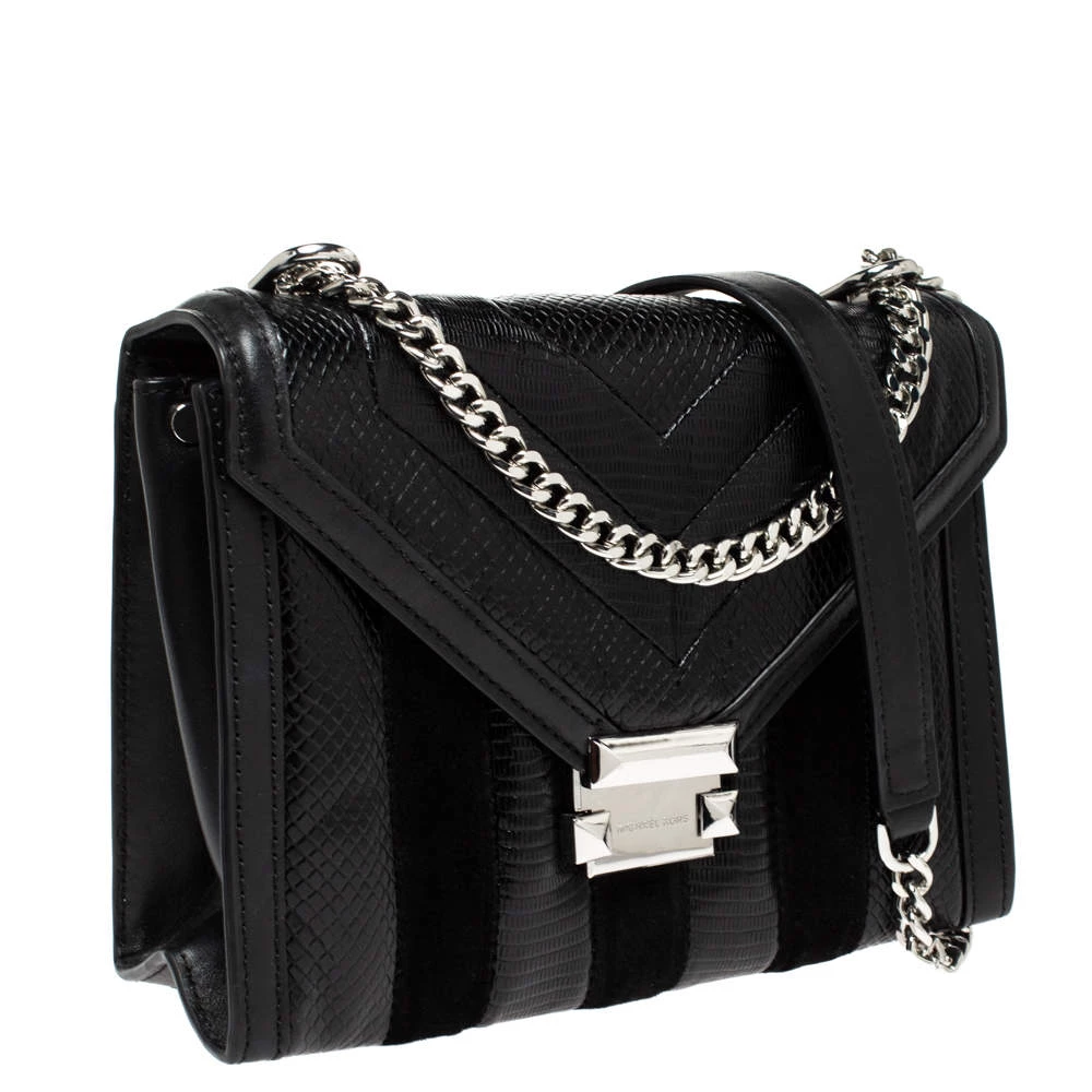 Michael Kors Black Python Embossed Leather And Suede Pushlock Flap Bag For Women - Image 3