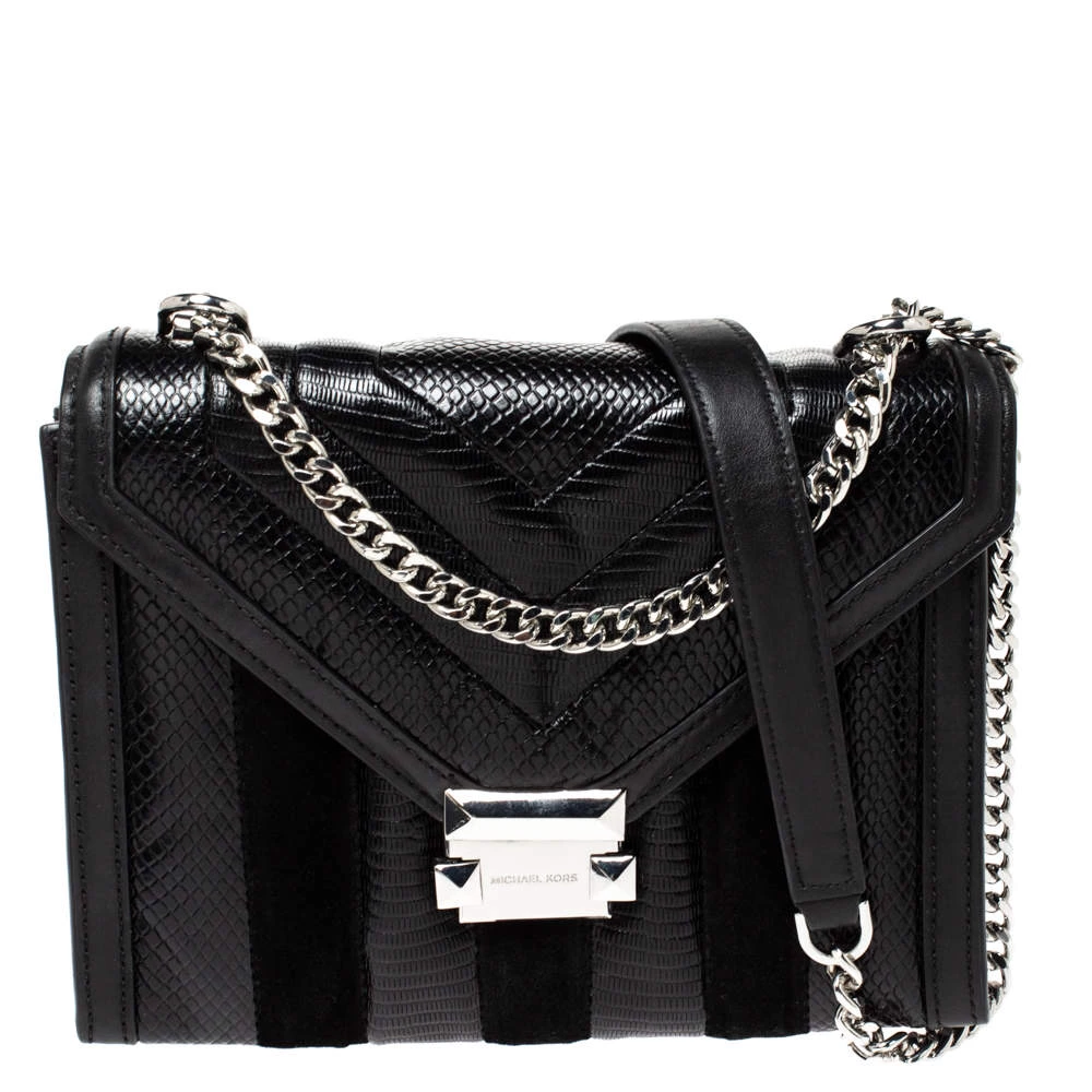 Michael Kors Black Python Embossed Leather And Suede Pushlock Flap Bag For Women