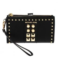 Michael Kors Black Leather Adele Studded Wrislet Wallet For Women