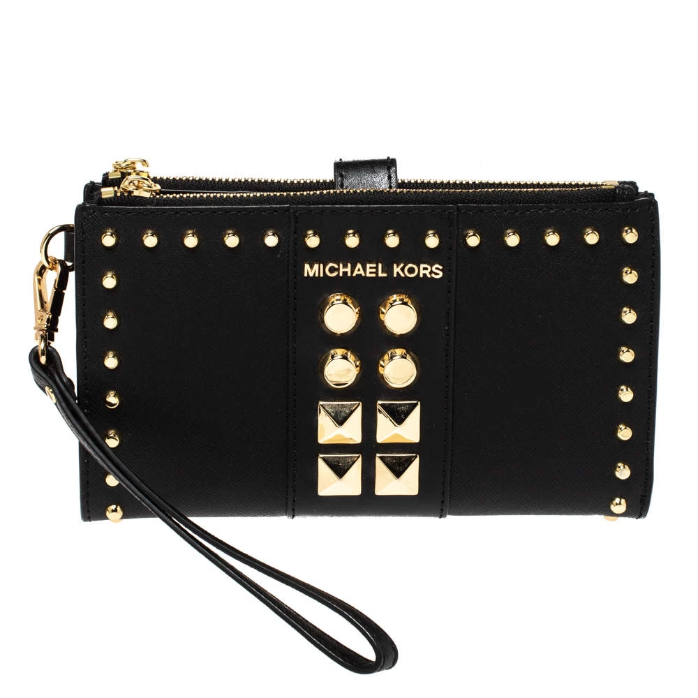 Michael Kors Black Leather Adele Studded Wrislet Wallet For Women