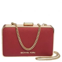 Michael Kors Red Leather Elsie Box Chain Clutch For Women