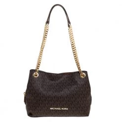 Michael Kors Brown Signature Canvas And Leather Chain Jet Set Tote For Women