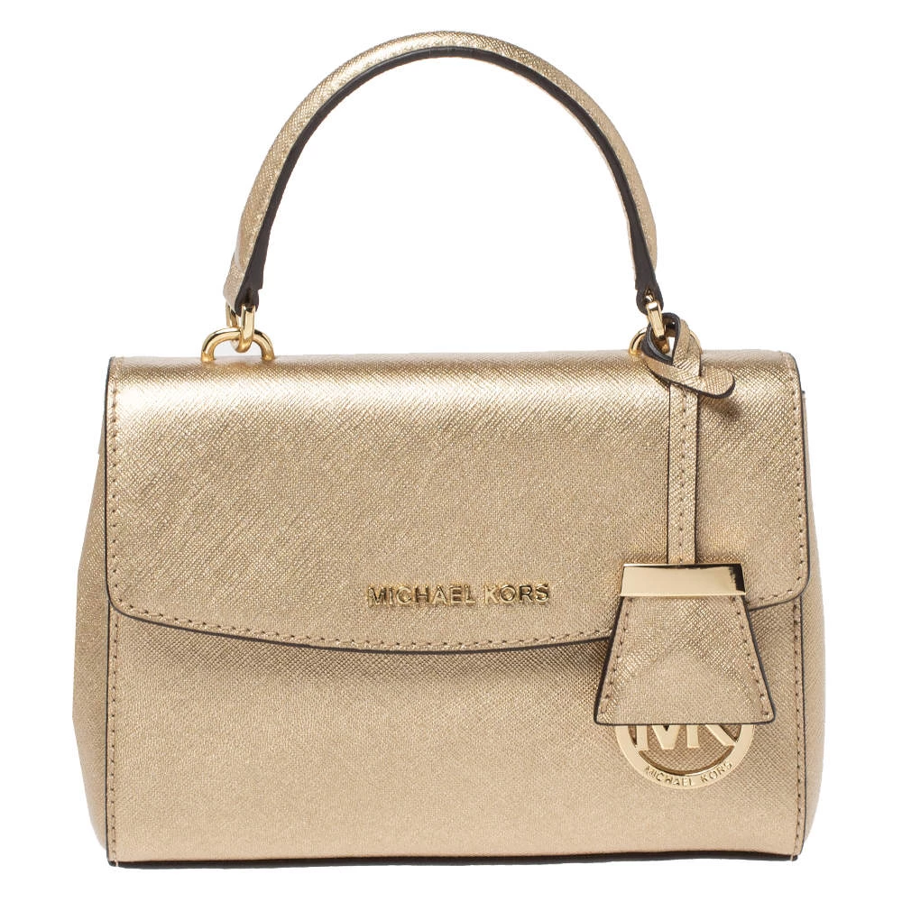 Michael Kors Metallic Gold Leather Mini Ava Top Handle Bag For Women