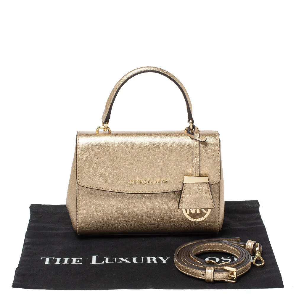 Michael Kors Metallic Gold Leather Mini Ava Top Handle Bag For Women - Image 11