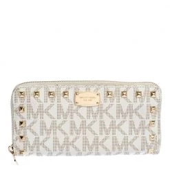 Michael Kors White Signature Coated Canvas Studded Zip Around Continental Wallet For Women