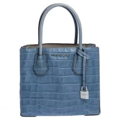 Michael Kors Blue Croc Embossed Leather Mini Mercer Convertible Tote For Women