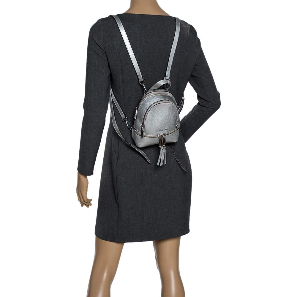 Michael Kors Silver Leather Mini Rhea Backpack For Women - Image 2