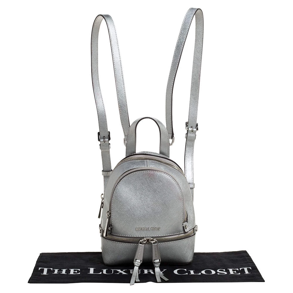 Michael Kors Silver Leather Mini Rhea Backpack For Women - Image 10