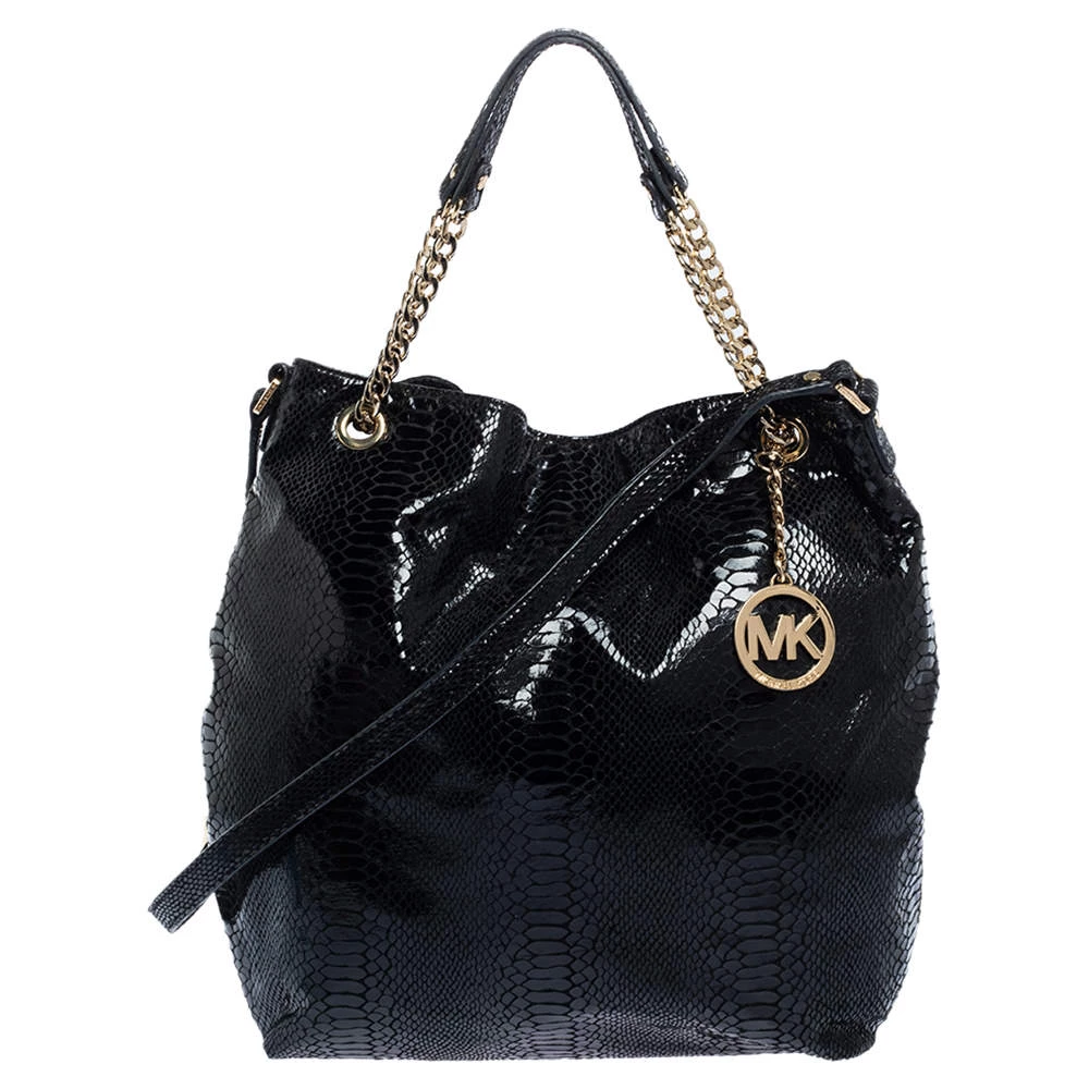 Michael Kors Black Python Effect Patent Leather And Suede Chain Shoulder Bag For Women