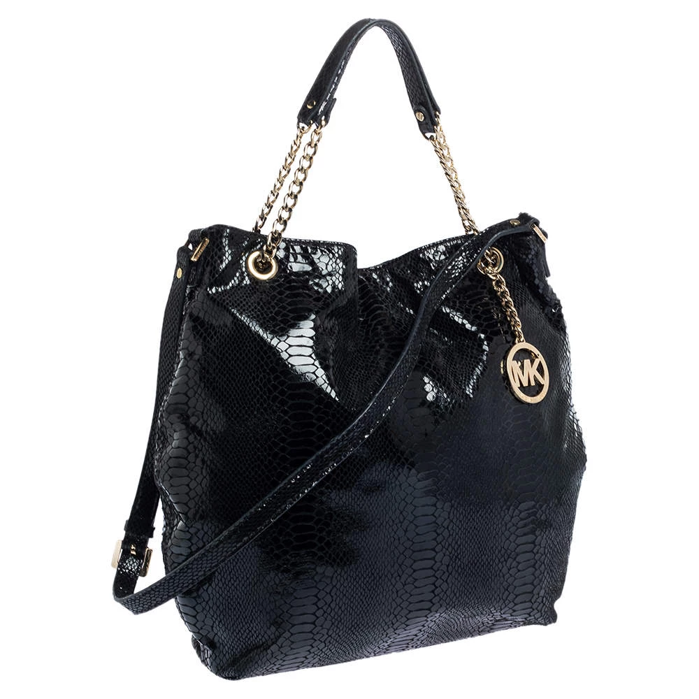 Michael Kors Black Python Effect Patent Leather And Suede Chain Shoulder Bag For Women - Image 3