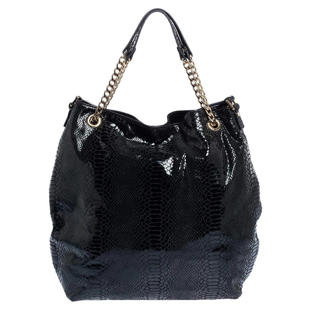 Michael Kors Black Python Effect Patent Leather And Suede Chain Shoulder Bag For Women - Image 4