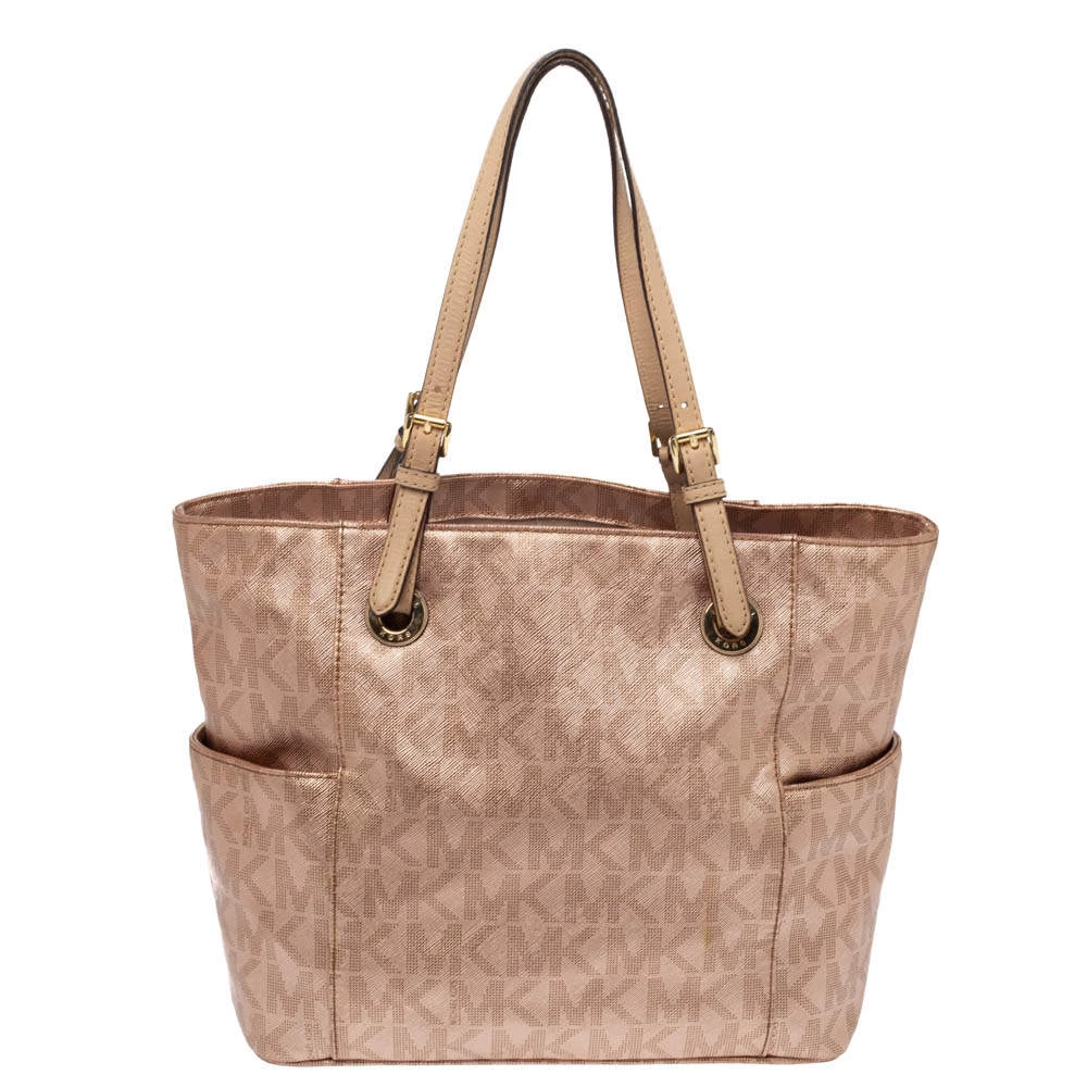 MICHAEL Michael Kors Rose Gold Signature Leather Jet Set East West Tote For Women - Image 4