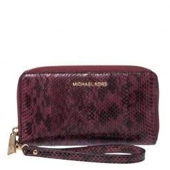 Michael Kors Burgundy Python Zip Around Wristlet Wallet For Women