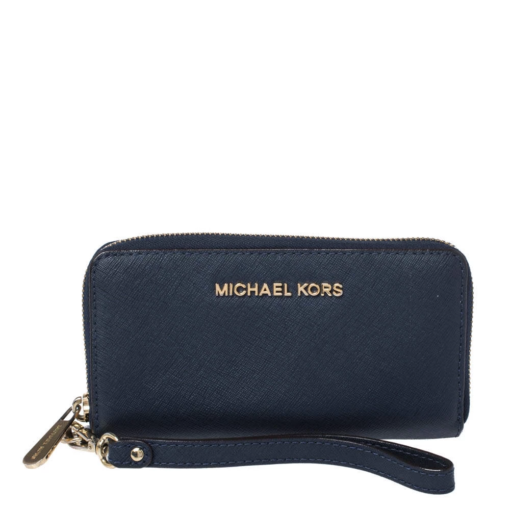 Michael Kors Navy Blue Leather Zip Around Wristlet Wallet For Women