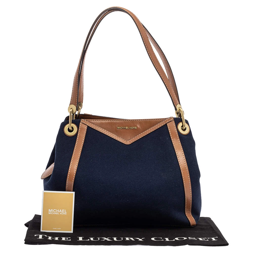 Michael Kors Blue/Brown Denim And Leather Large Raven Shoulder Bag For Women - Image 10