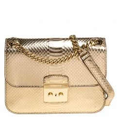 Michael Kors Gold Python Effect Patent Leather Sloan Chain Shoulder Bag For Women