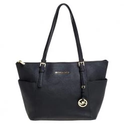 Michael Michael Kors Black Leather Medium Jet Set Top Zip Tote For Women