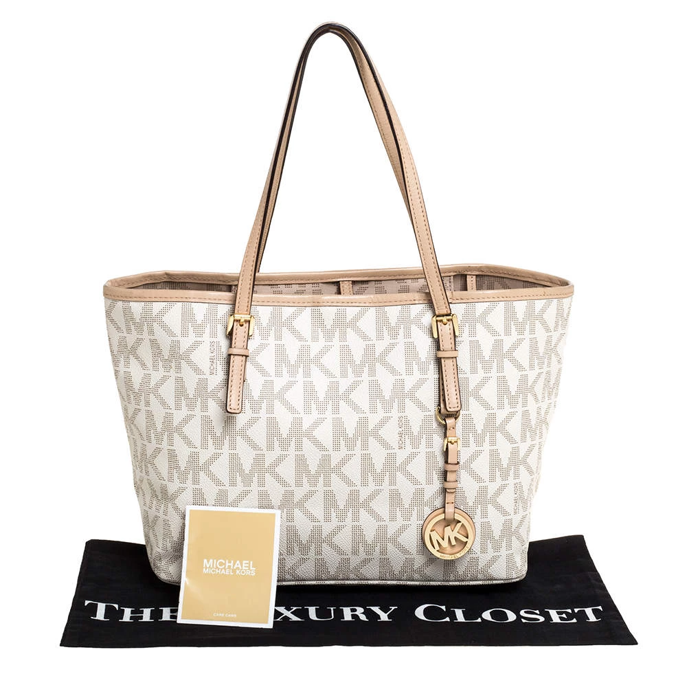Michael Kors White/Beige Coated Canvas And Leather Small Jet Set Tote For Women - Image 9