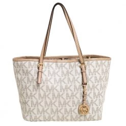 Michael Kors White/Beige Coated Canvas And Leather Small Jet Set Tote For Women
