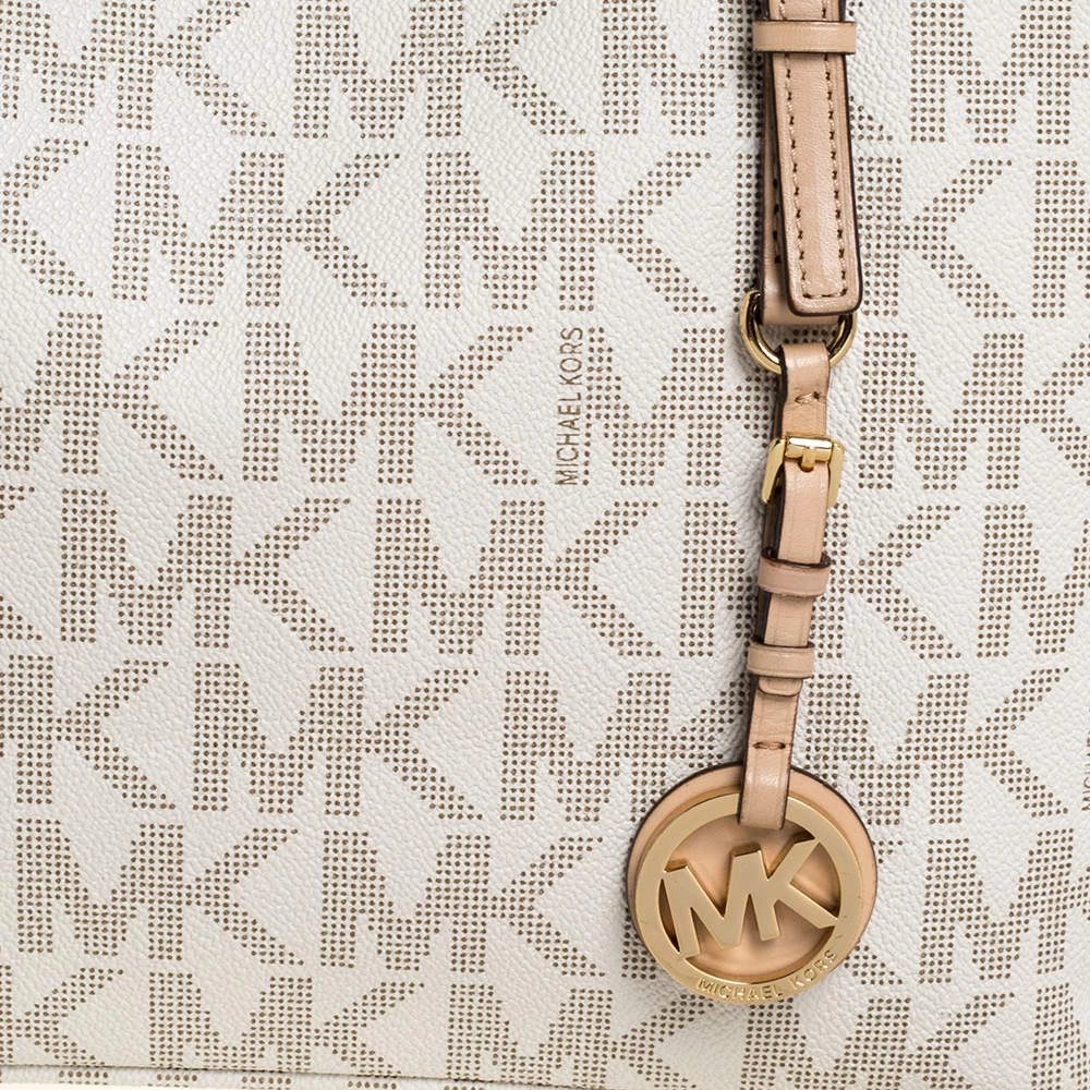 Michael Kors White/Beige Coated Canvas And Leather Small Jet Set Tote For Women - Image 5