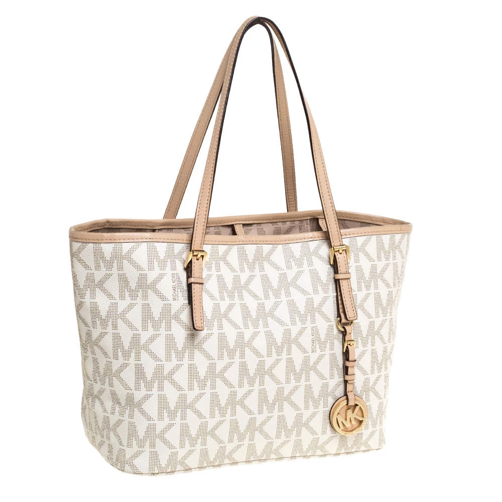 Michael Kors White/Beige Coated Canvas And Leather Small Jet Set Tote For Women - Image 3