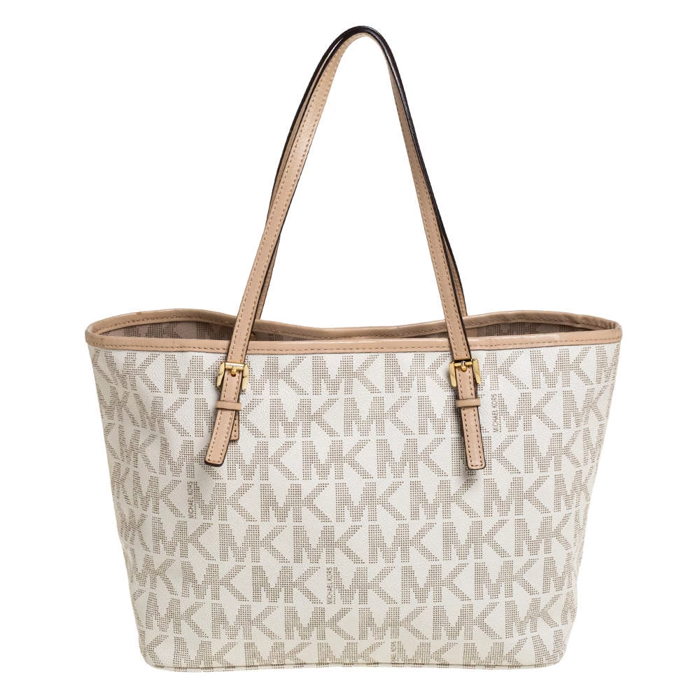 Michael Kors White/Beige Coated Canvas And Leather Small Jet Set Tote For Women - Image 4