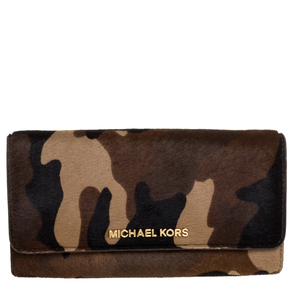 Michael Kors Khaki Camo Print Calfhair Flap Continental Wallet For Women