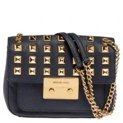 Michael Kors Navy Blue Leather Studded Sloan Shoulder Bag For Women