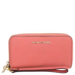 Michael Kors Coral Orange Leather Jet Set Wristlet Wallet For Women