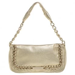 Michael Kors Gold Leather Chain Link Flap Baguette Bag For Women