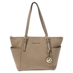 Michael Michael Kors Dark Beige Leather Medium Jet Set Top Zip Tote For Women