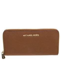 Michael Kors Brown Leather Jet Set Travel Zip Around Wallet For Women