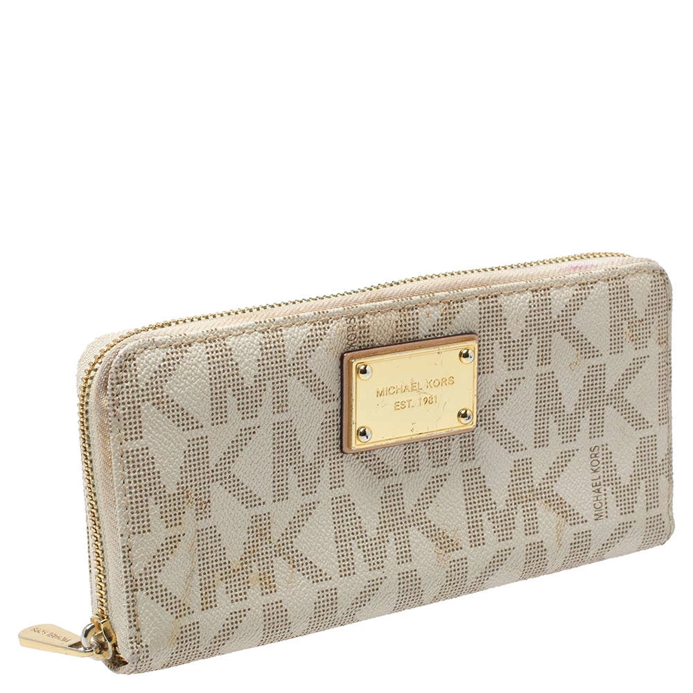 Michael Kors White Monogram Coated Canvas Zip Around Wallet For Women - Image 3