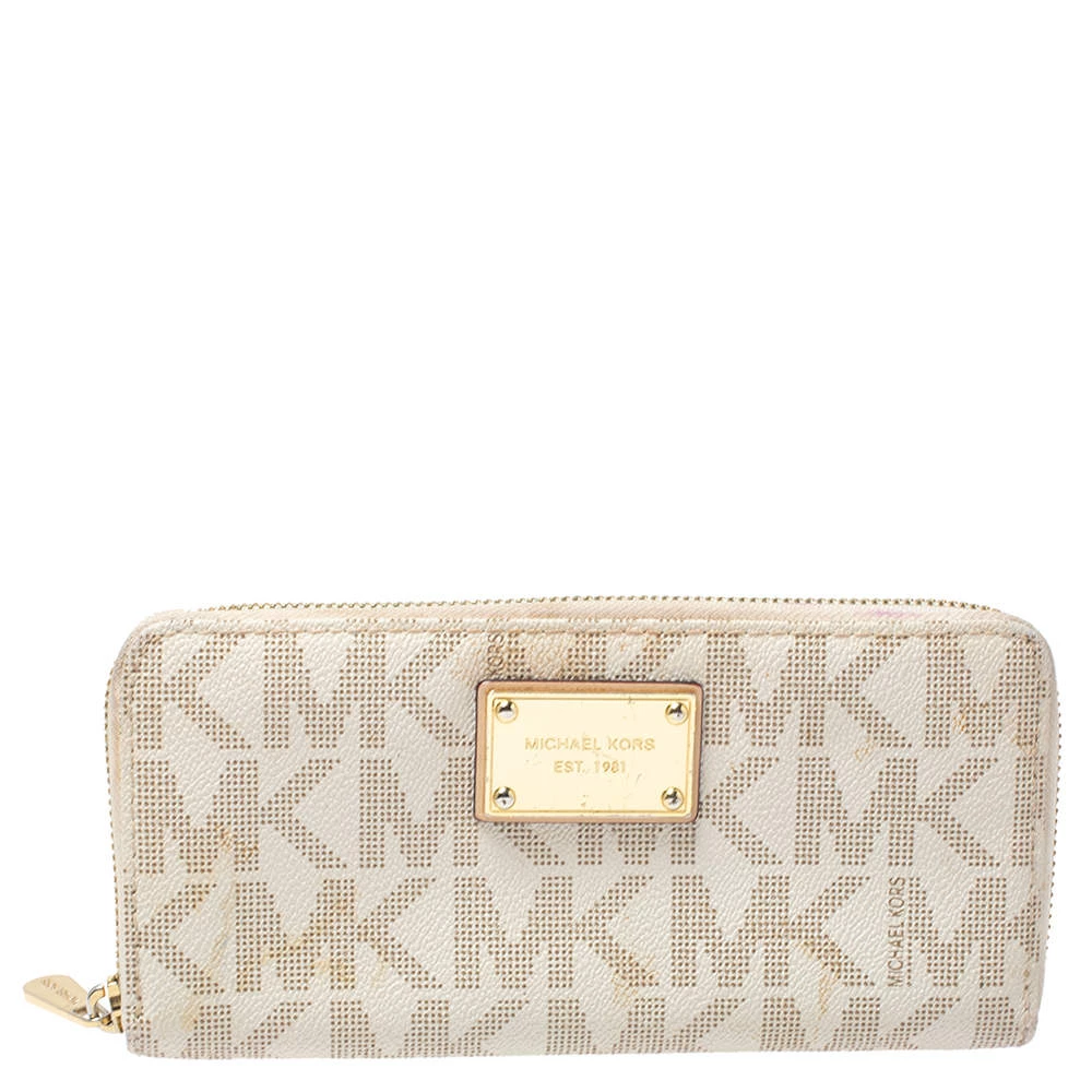 Michael Kors White Monogram Coated Canvas Zip Around Wallet For Women