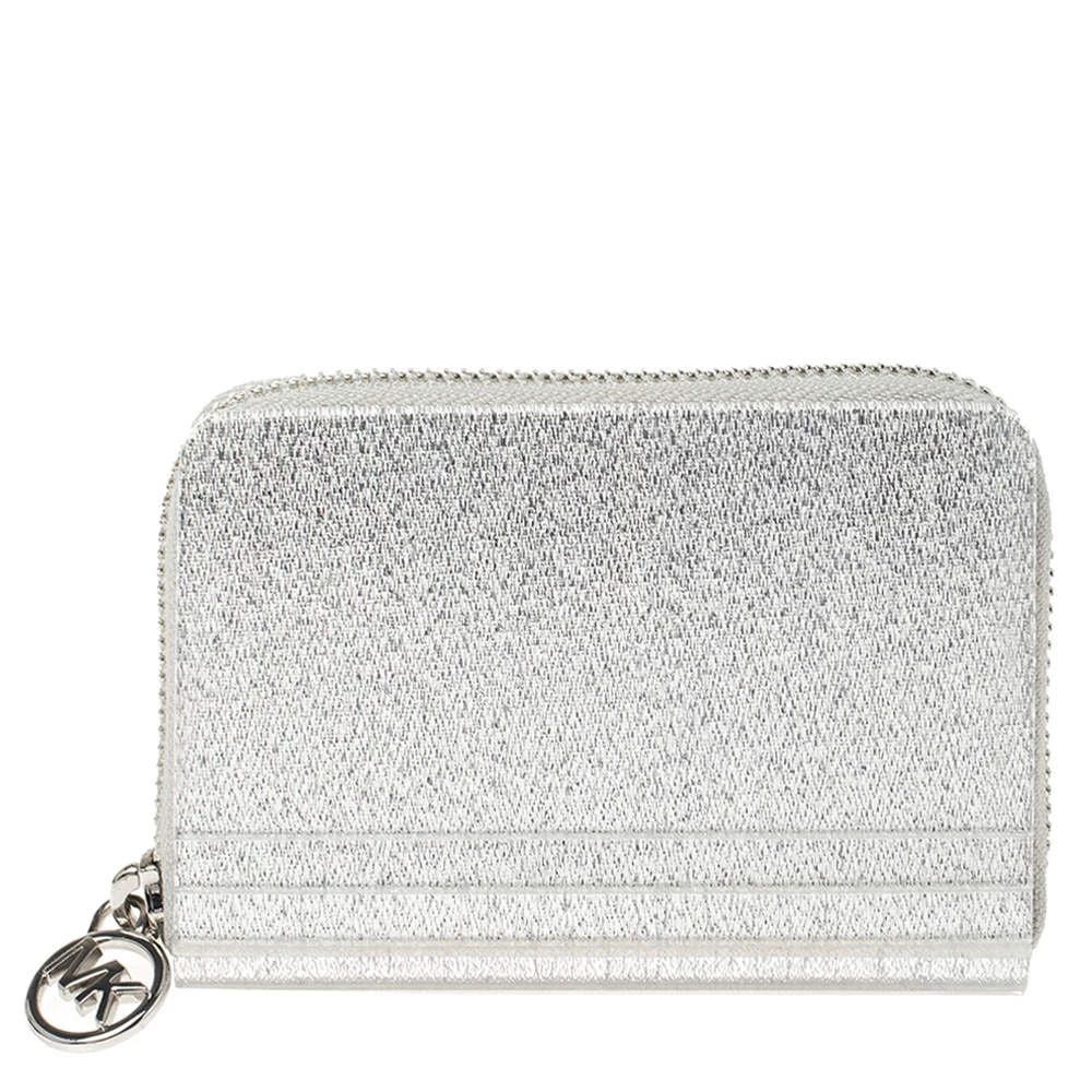 Michael Kors Silver Glitter Acrylic Za Barbara Zip Around Coin Purse For Women
