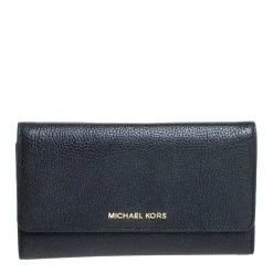 Michael Kors Black Leather Jet Set Tri Fold Continental Wallet For Women
