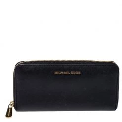 Michael Kors Black Leather Jet Set Travel Zip Around Wallet For Women