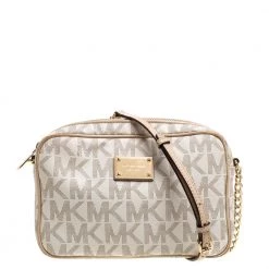 Michael Kors White/Beige Signature Coated Canvas East/West Crossbody Bag For Women