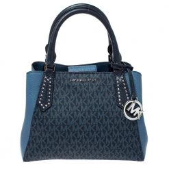 Michael Kors Two Tone Blue Signature Coated Canvas And Leather Kimberly Studded Satchel For Women