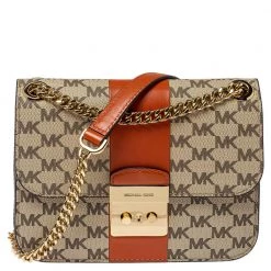 Michael Kors Beige/Tan Signature Coated Canvas And Leather Medium Sloan Editor Chain Bag For Women