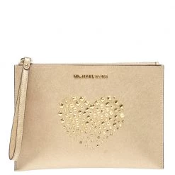 Michael Kors Metallic Gold Leather Heart Studded Wristlet Clutch For Women