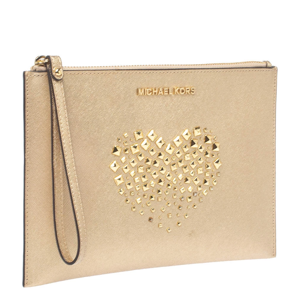 Michael Kors Metallic Gold Leather Heart Studded Wristlet Clutch For Women - Image 3
