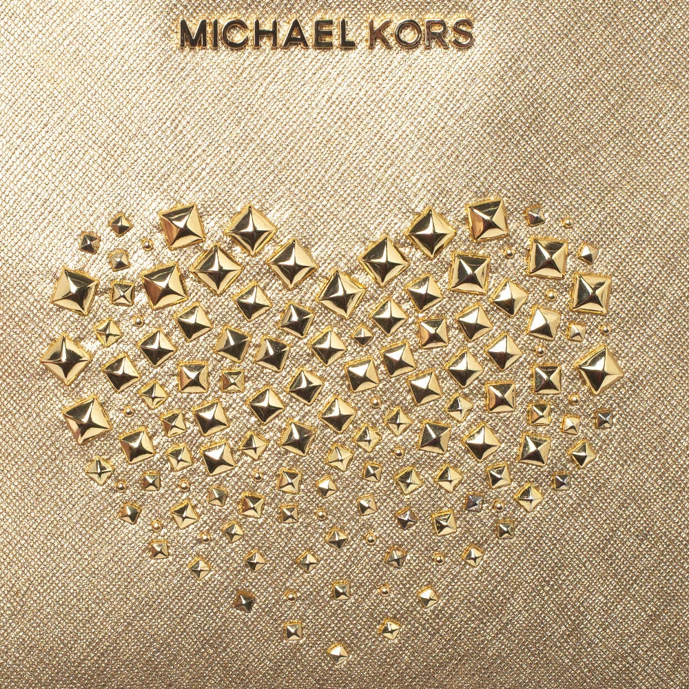 Michael Kors Metallic Gold Leather Heart Studded Wristlet Clutch For Women - Image 5